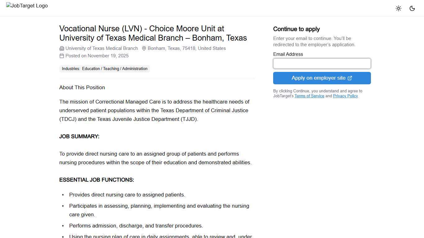 Vocational Nurse (LVN) - Choice Moore Unit at University of Texas Medical Branch Jobs and Employment JobTarget