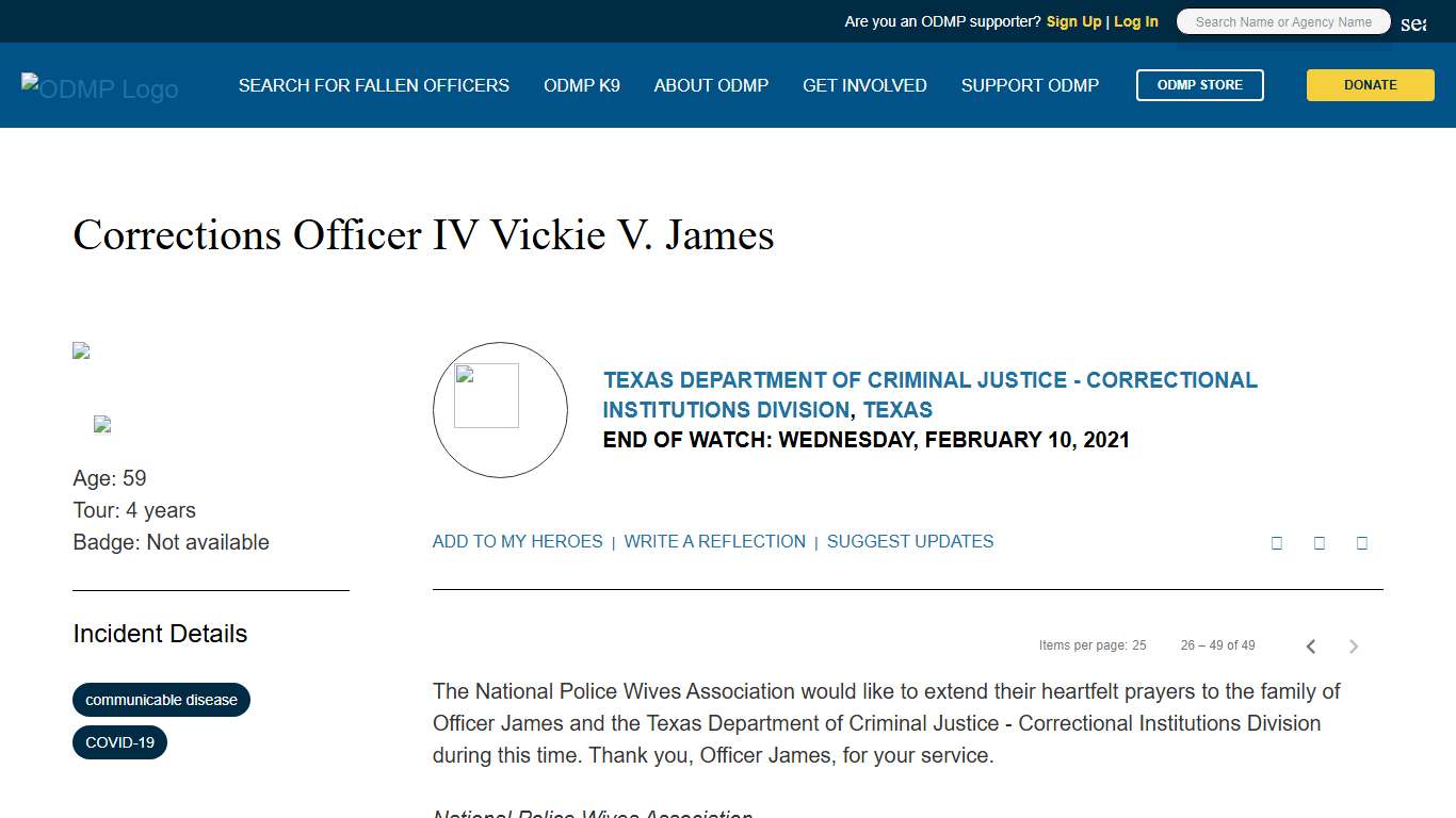 Corrections Officer IV Vickie V. James, Texas Department of Criminal Justice - Correctional Institutions Division, Texas